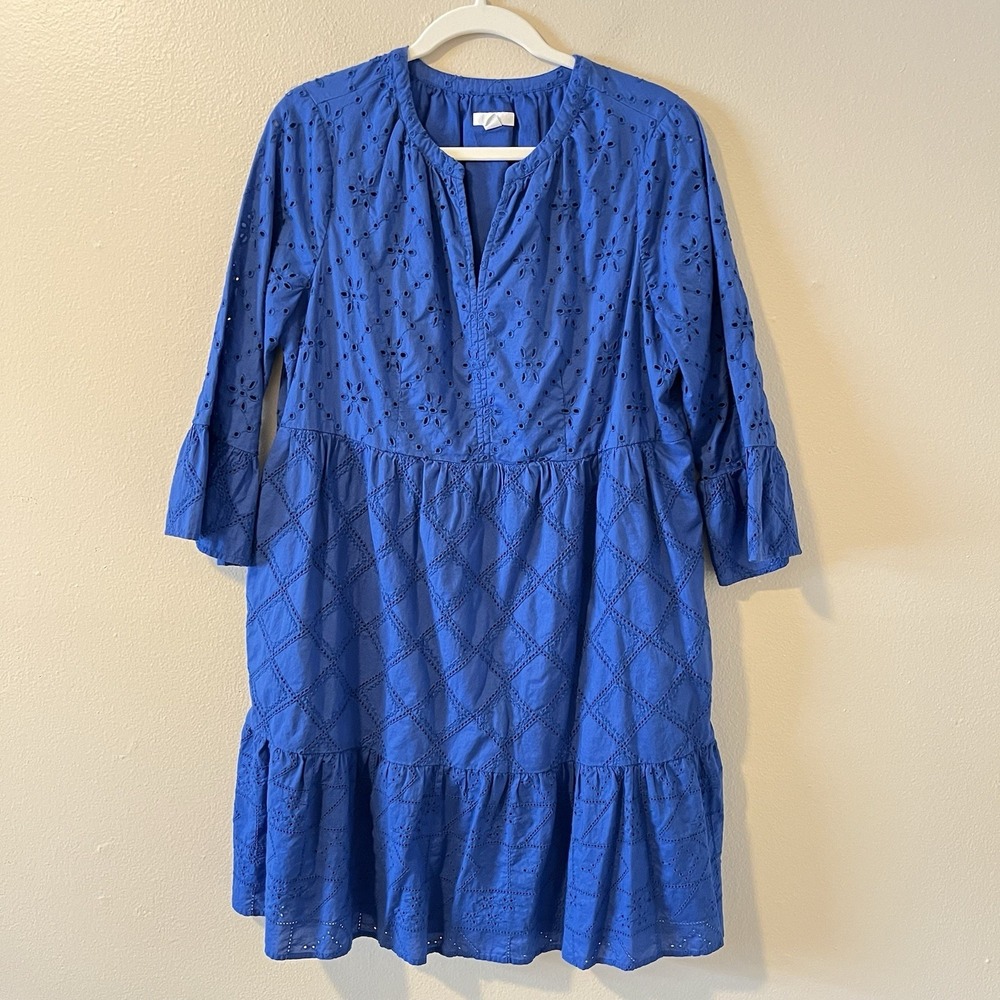 J Jill Dress M Royal Blue Eyelet Lace Boho Preppy Cottage Tiered Coquette